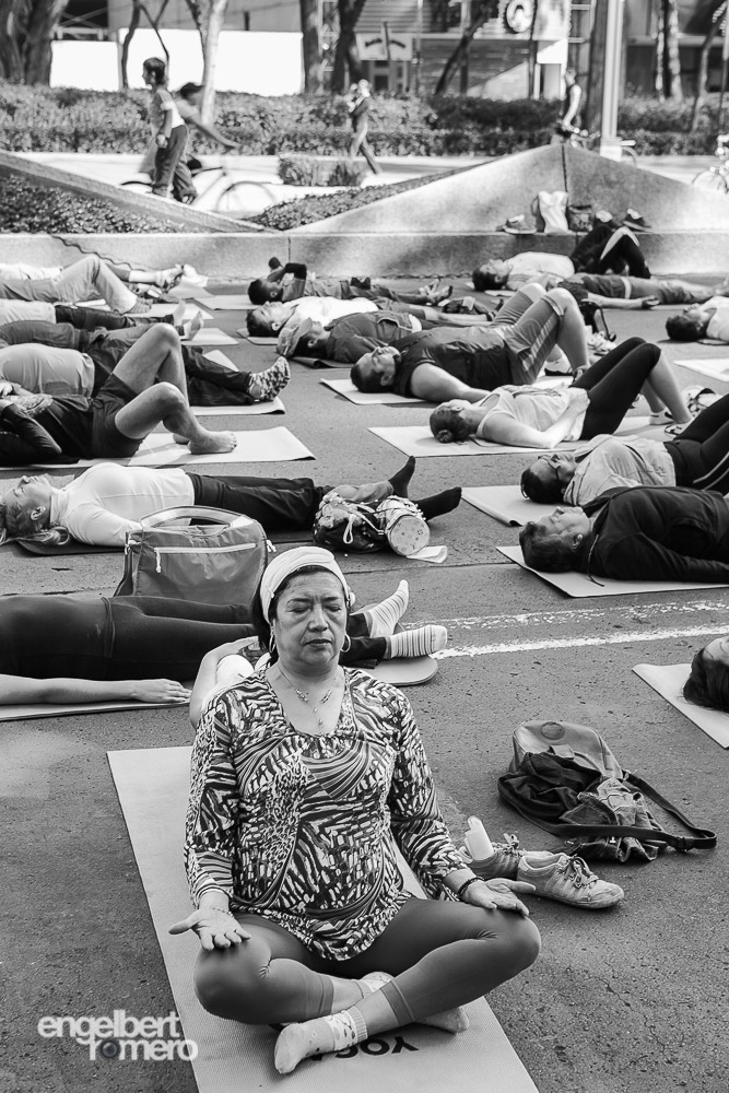 Yoga practitioners. Sunday mornings on Reforma avenue